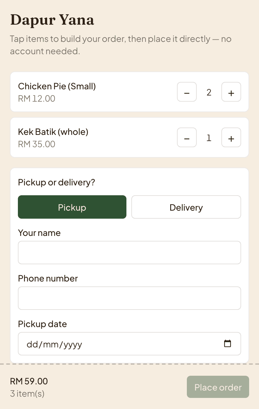 Waktoo's public catalog page with a Pickup/Delivery toggle and a customer building their own order