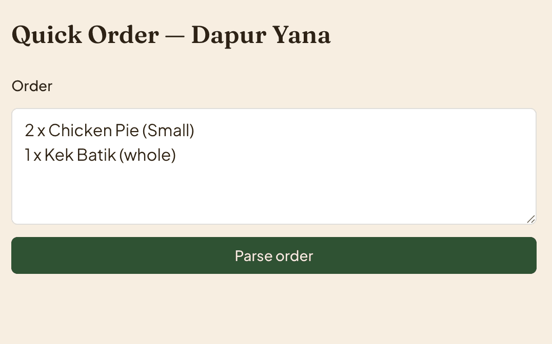 Quick Order textarea with a seller typing an order