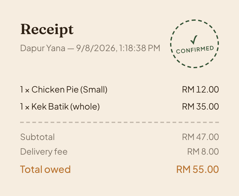Confirmed receipt with the dashed stall-stamp badge