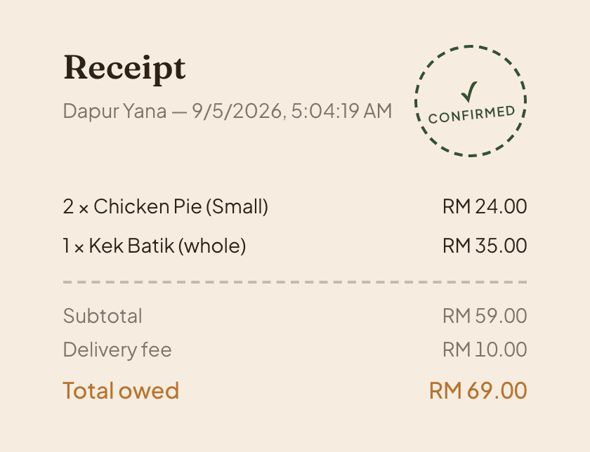 A confirmed Waktoo receipt with the dashed stall-stamp badge and thermal-tear divider